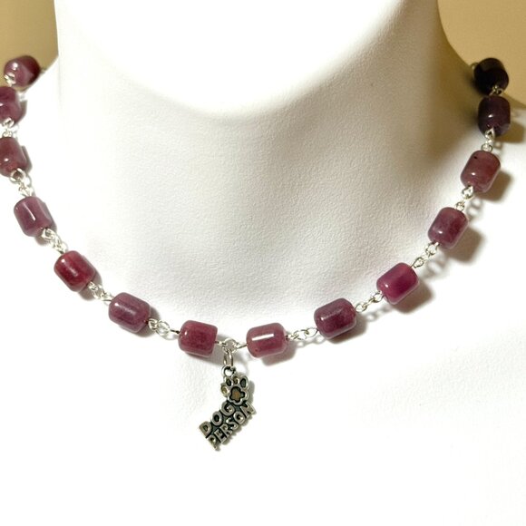 Genuine Magenta Chalcedony Short Necklace, Gemstone & Dog Person Paw Print Charm - Picture 2 of 14